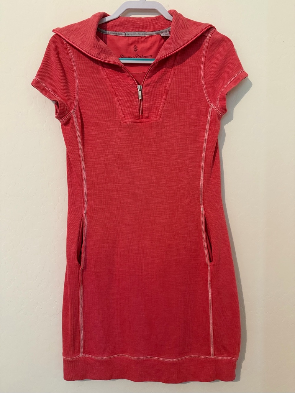 Tommy Bahama Pink Ribbed Half-Zip Dress with pockets, Size XS, Like New